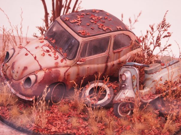 Diorama of abandoned car